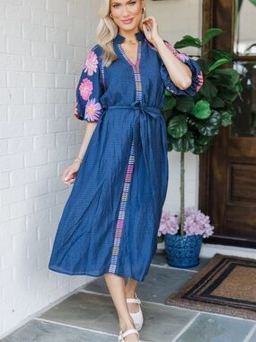 THML The Consistency Navy Embroidered Midi Dress with Tie Belt